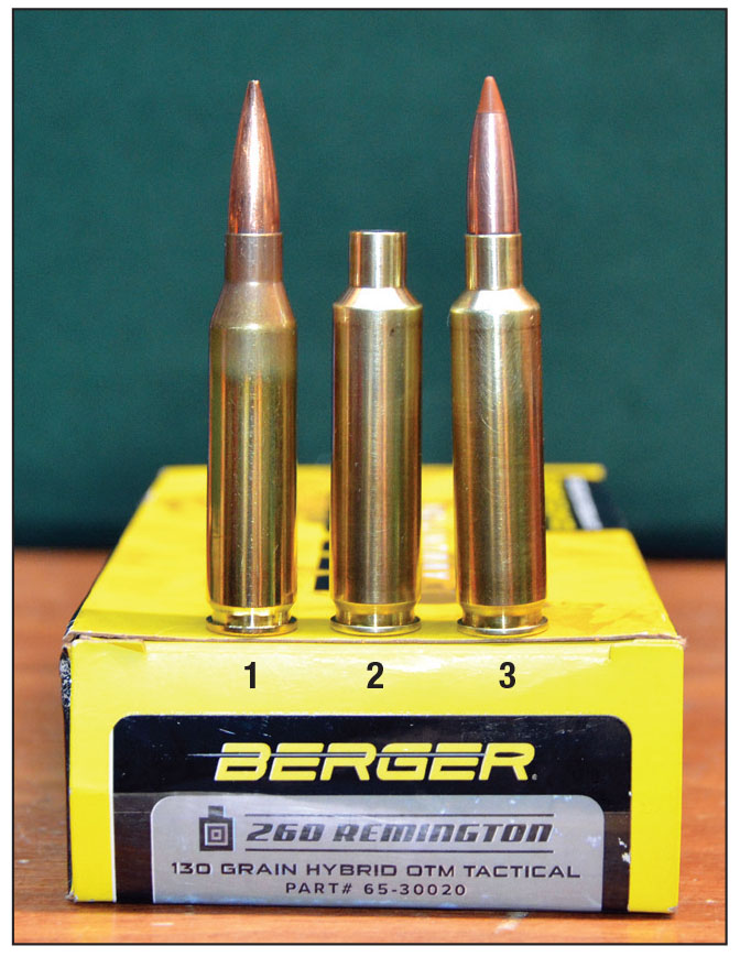 The Clymer 260 Remington Improved reamer used to chamber the barrel of Layne’s rifle was sized to allow the 260 Remington case to headspace on its shoulder/neck juncture when the bolt is closed. That allows 260 Remington factory ammunition to be fired in his rifle: (1) Lapua 260 Remington cartridge, (2) 260 Remington case  after being fired in Layne’s rifle and (3) loaded 260 Remington Improved cartridge.